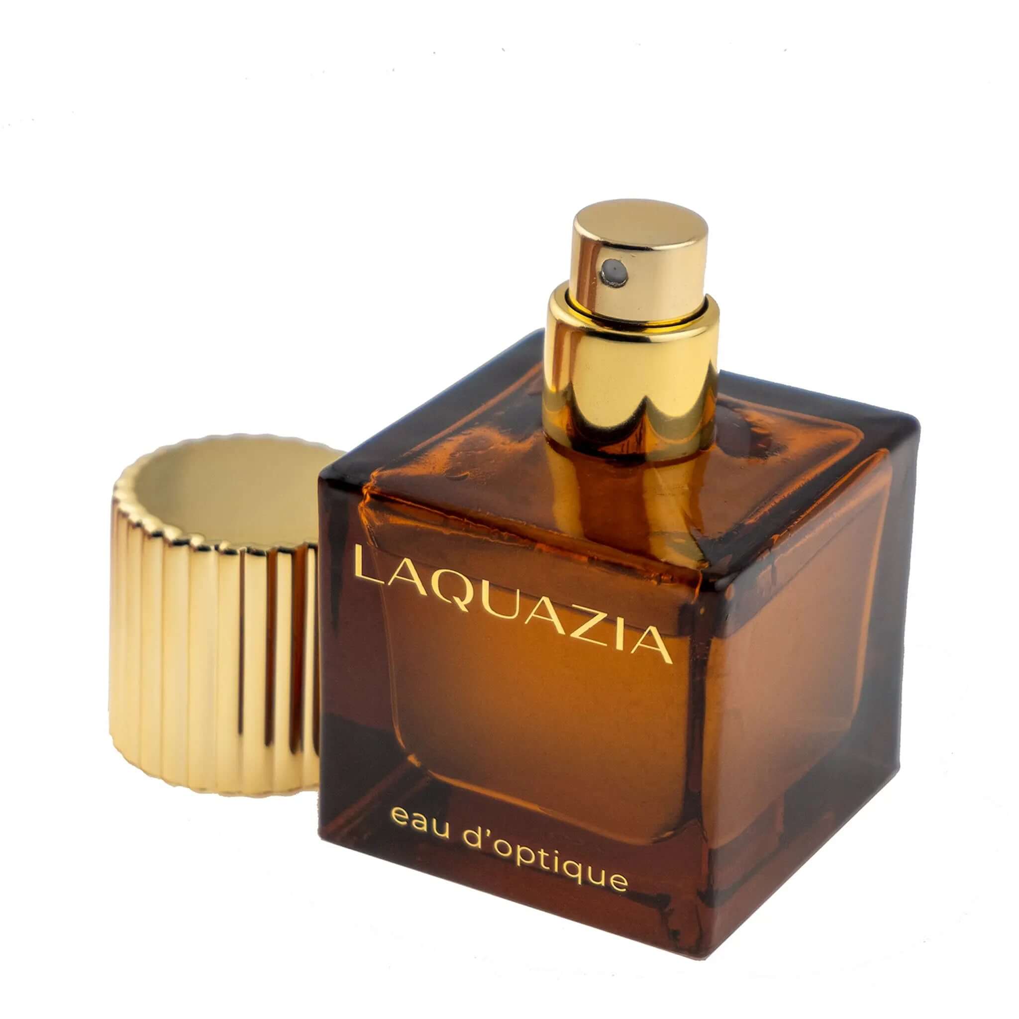 Amber Satin scented lens cleaner in an elegant amber glass bottle with gold accents.