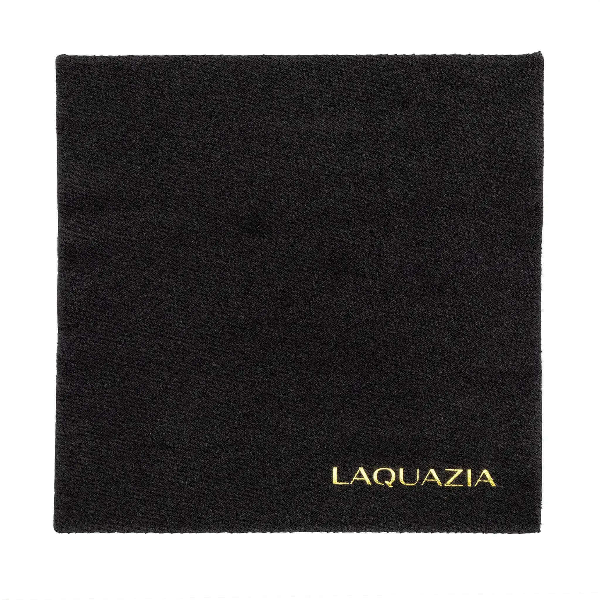 Black lens cleaning cloth with Laquazia logo, perfect for maintaining the elegance of your eyewear.