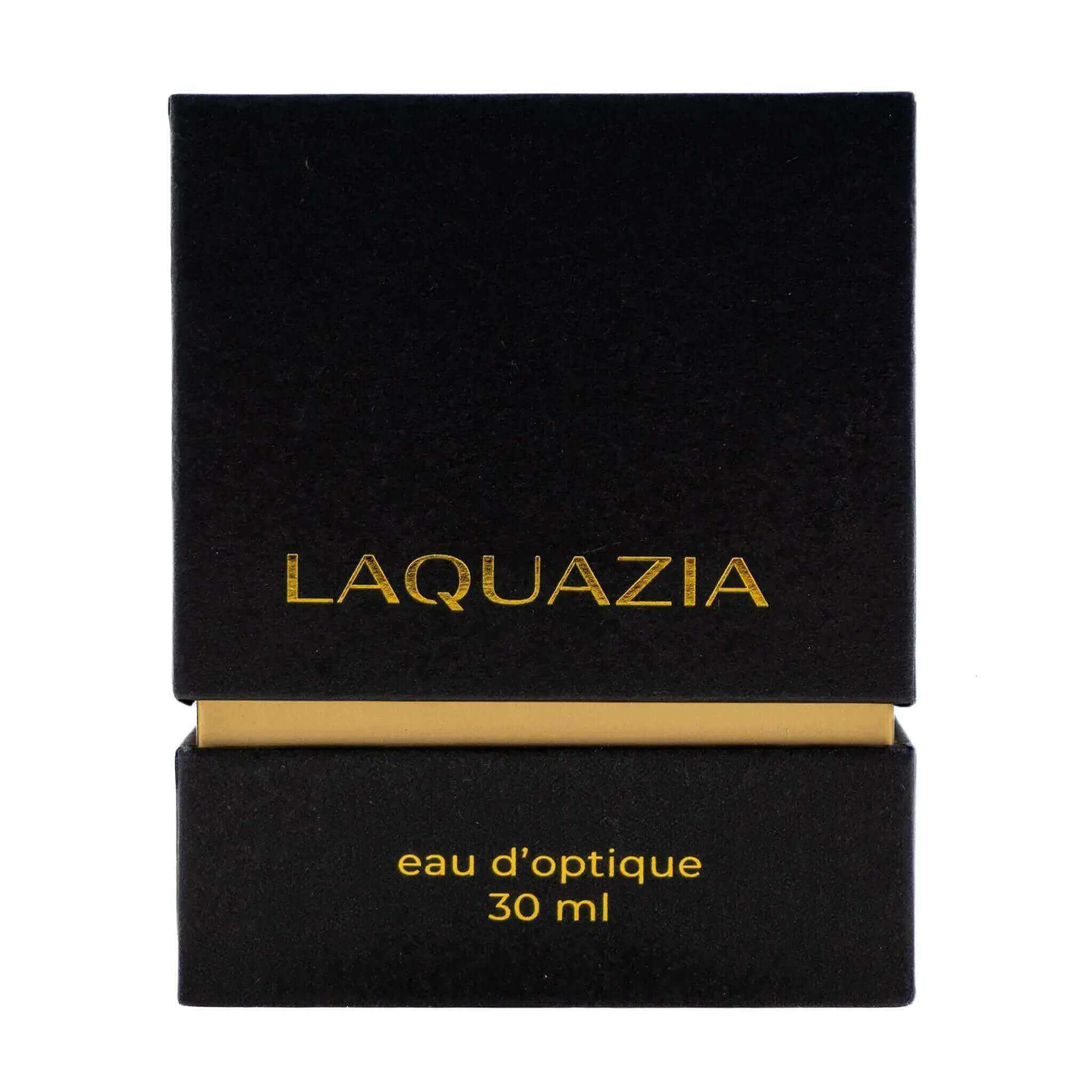 Laquazia eau d'optique scented lens cleaner box, 30 ml, showcasing luxury and elegance.