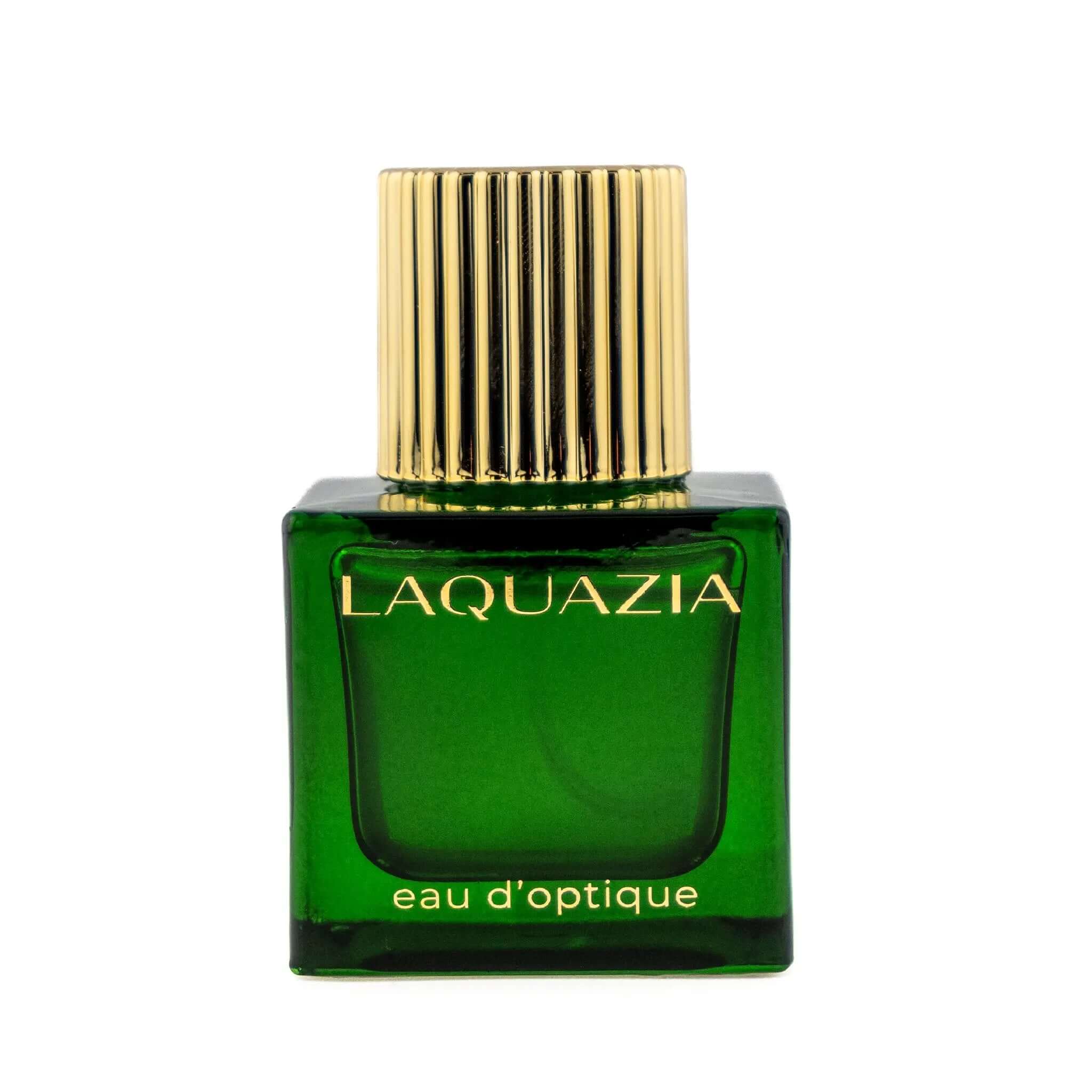 Elegant green bottle of Laquazia Eau d'Optique lens cleaner with a golden cap.