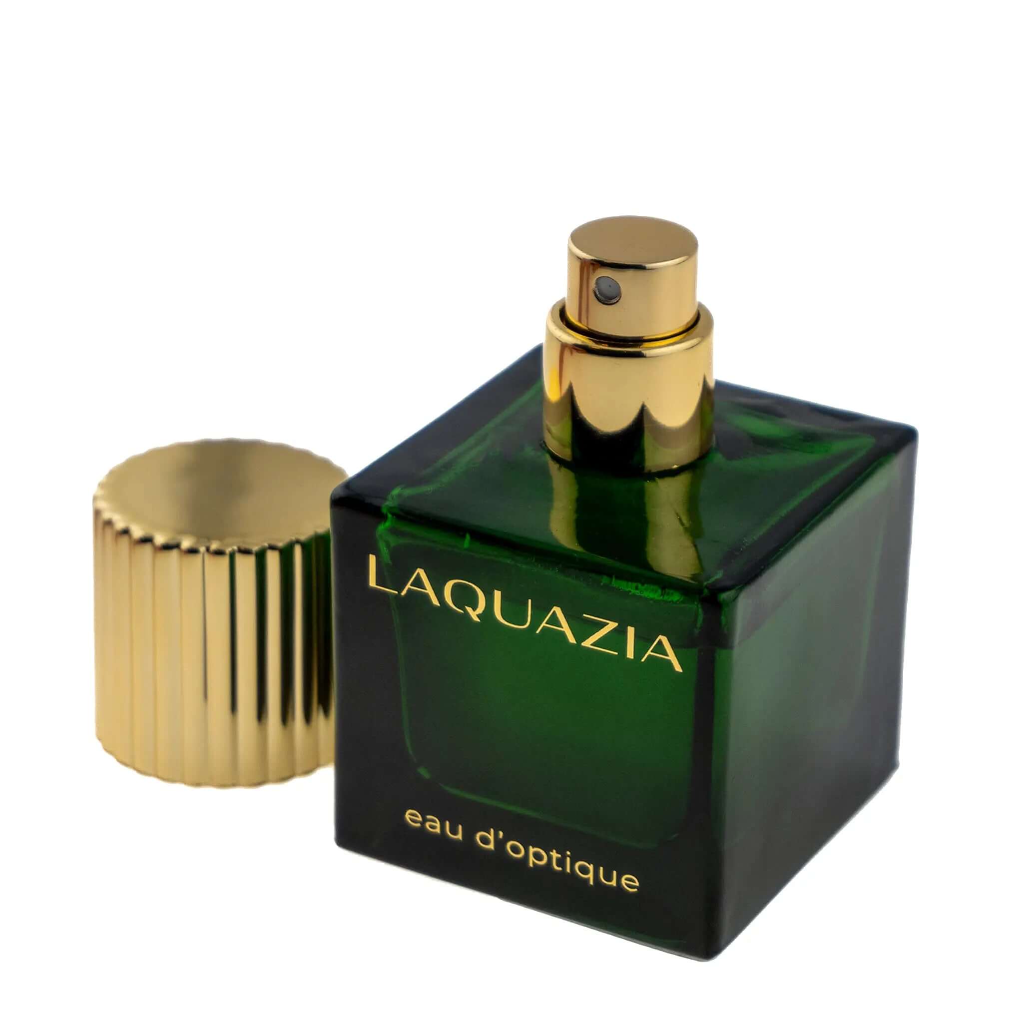 Elegant green glass perfume bottle with golden cap labeled Laquazia eau d'optique, ideal for sophisticated scent lovers.