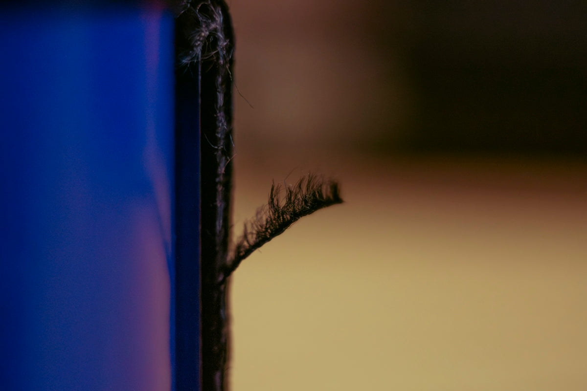 A single false eyelash on a blue surface